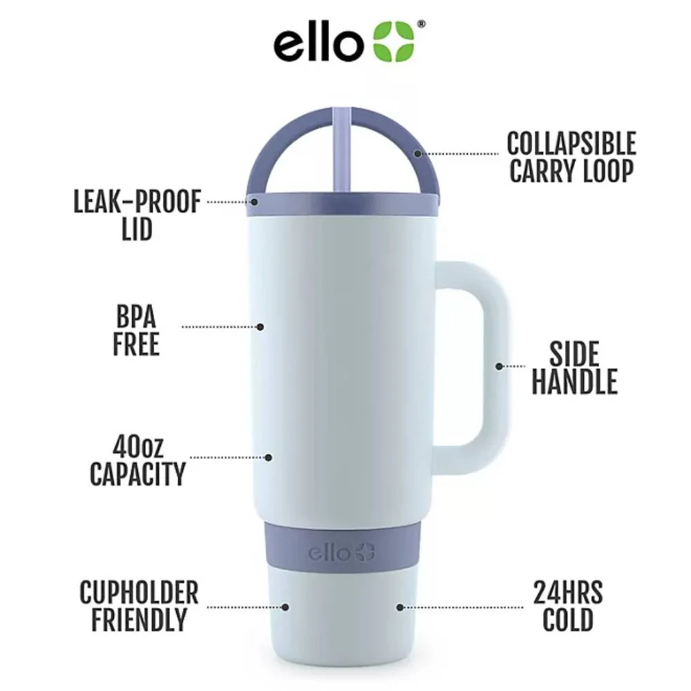 Ello - Port Stainless Steel Tumbler with Handle, Light Wash and Orange - 40 Oz - 2 Pack - Image 3